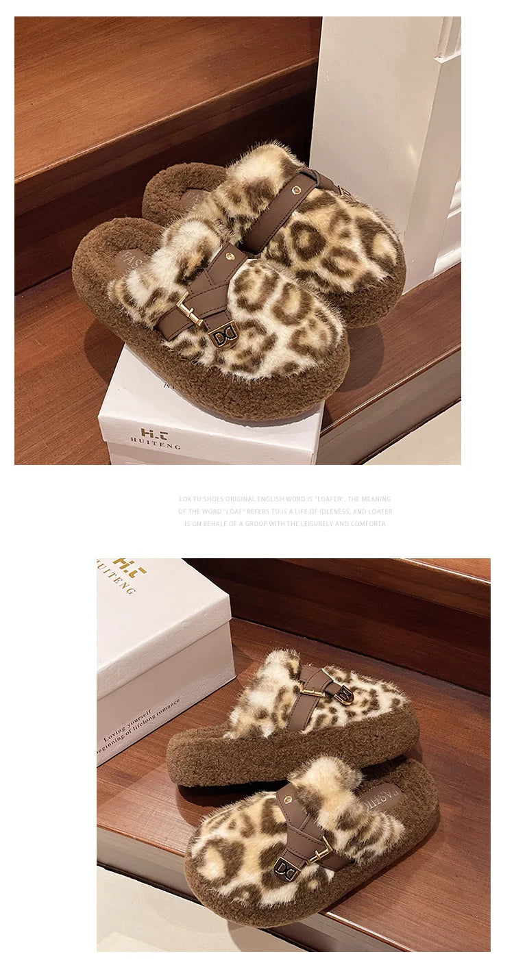 Fashion leopard Fur Slippers For Women 2024 Winter Indoor and outdoor Fluffy slippers Belt buckle Design Women's Home Shoes