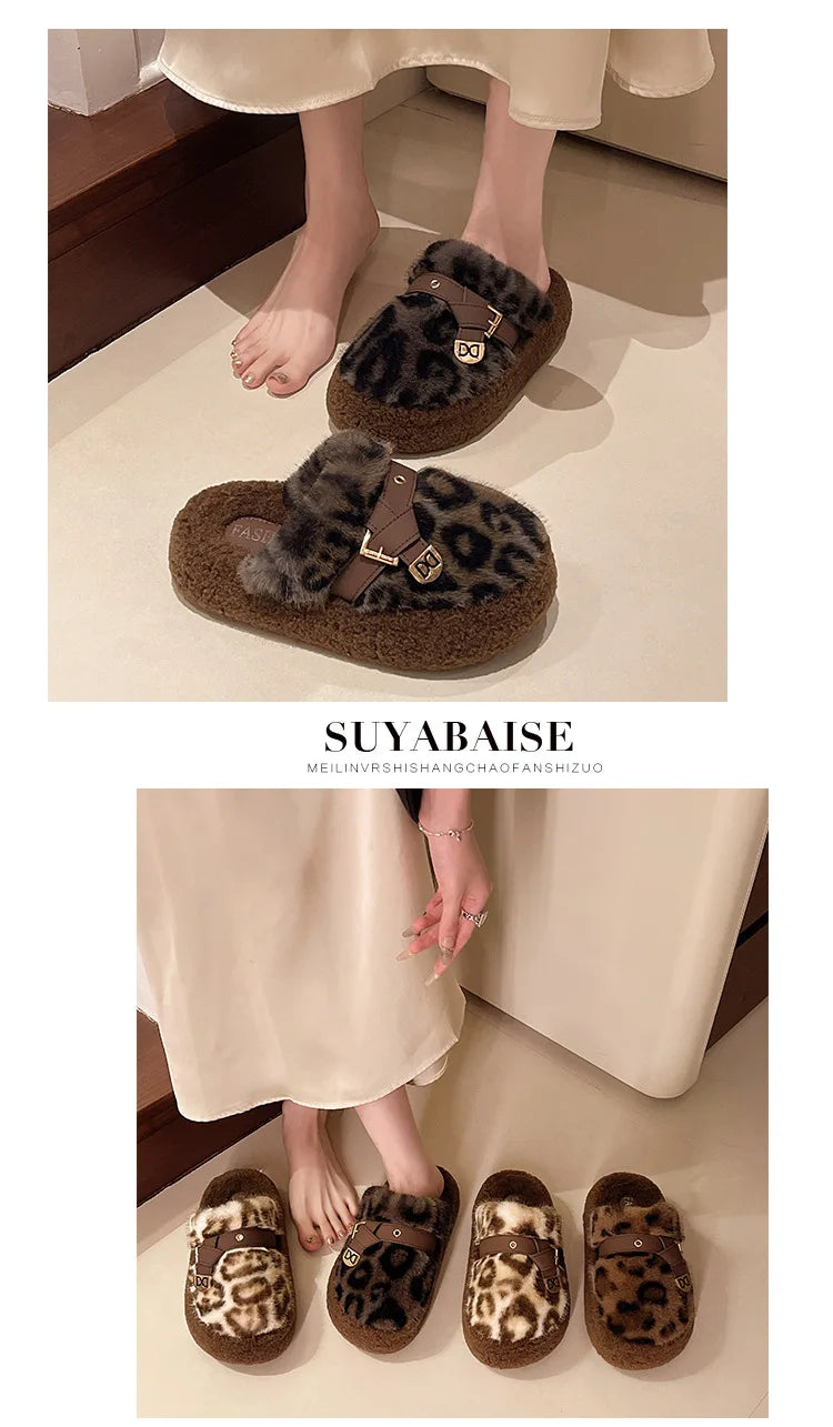 Fashion leopard Fur Slippers For Women 2024 Winter Indoor and outdoor Fluffy slippers Belt buckle Design Women's Home Shoes