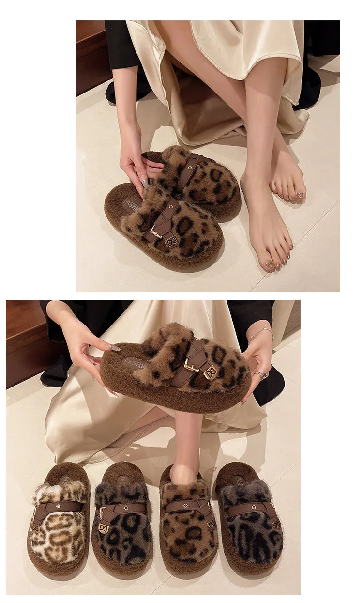 Fashion leopard Fur Slippers For Women 2024 Winter Indoor and outdoor Fluffy slippers Belt buckle Design Women's Home Shoes