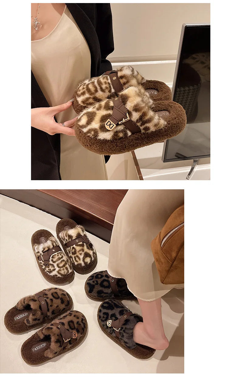 Fashion leopard Fur Slippers For Women 2024 Winter Indoor and outdoor Fluffy slippers Belt buckle Design Women's Home Shoes