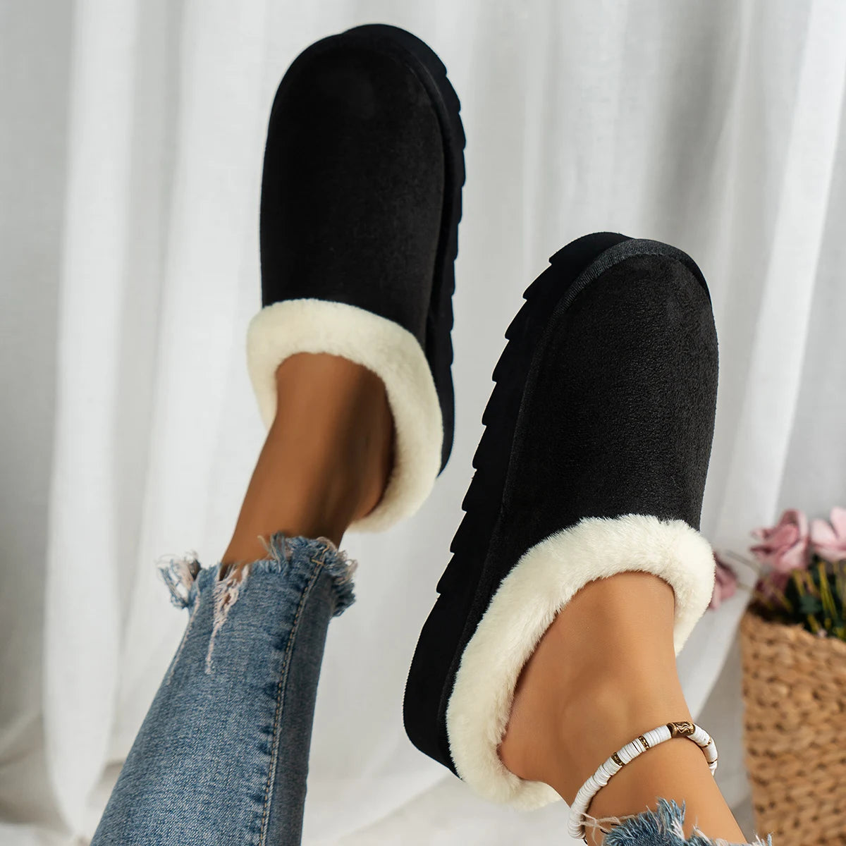 Winter Fashion Women's Fluffy Thick-Soled Casual Shoes, Thick-Soled Indoor Anti-Slip and Warm with Fur Lining