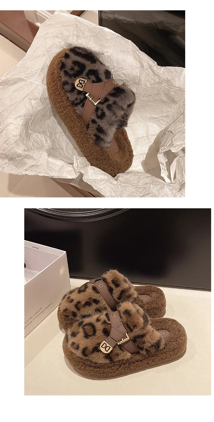 Fashion leopard Fur Slippers For Women 2024 Winter Indoor and outdoor Fluffy slippers Belt buckle Design Women's Home Shoes