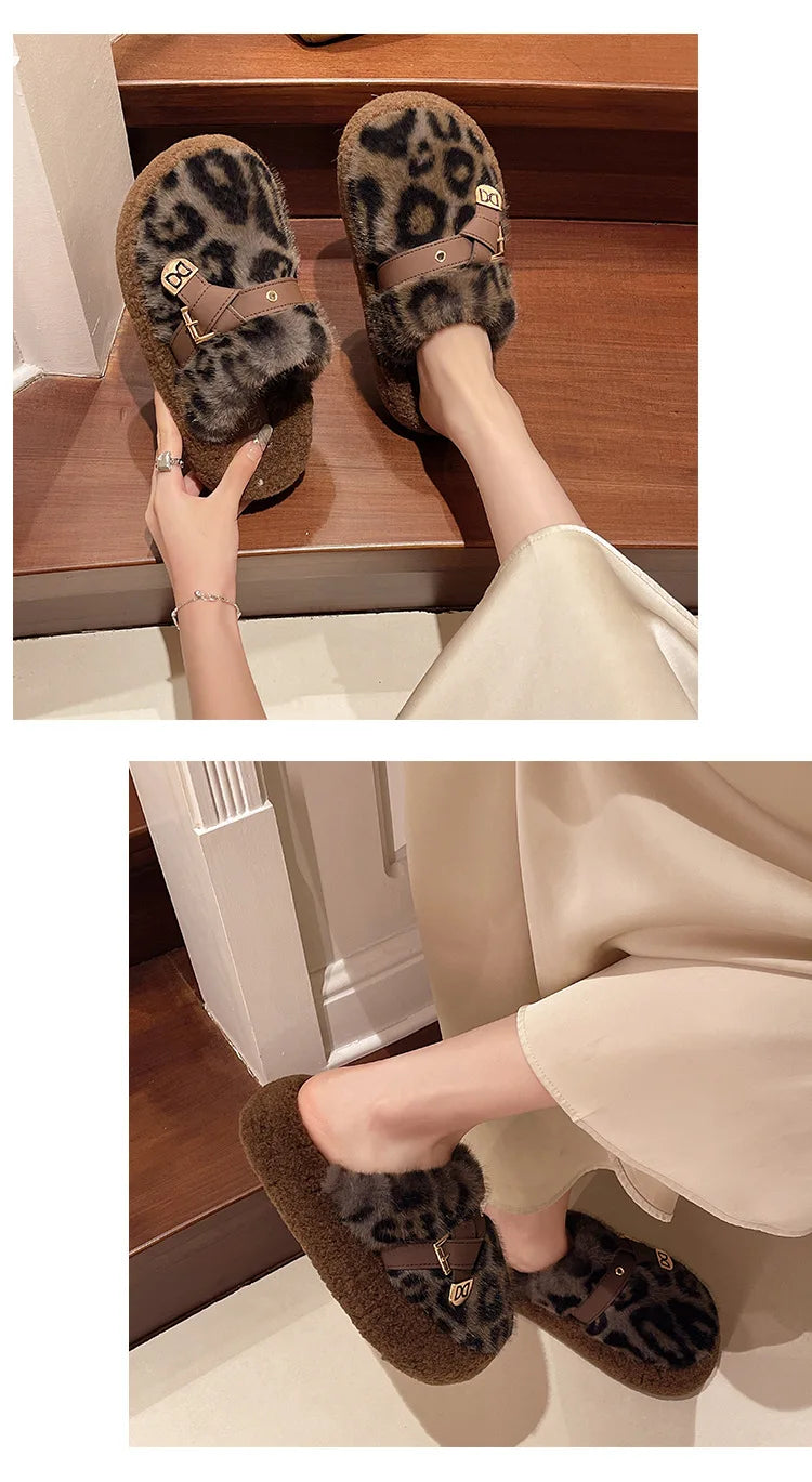 Fashion leopard Fur Slippers For Women 2024 Winter Indoor and outdoor Fluffy slippers Belt buckle Design Women's Home Shoes