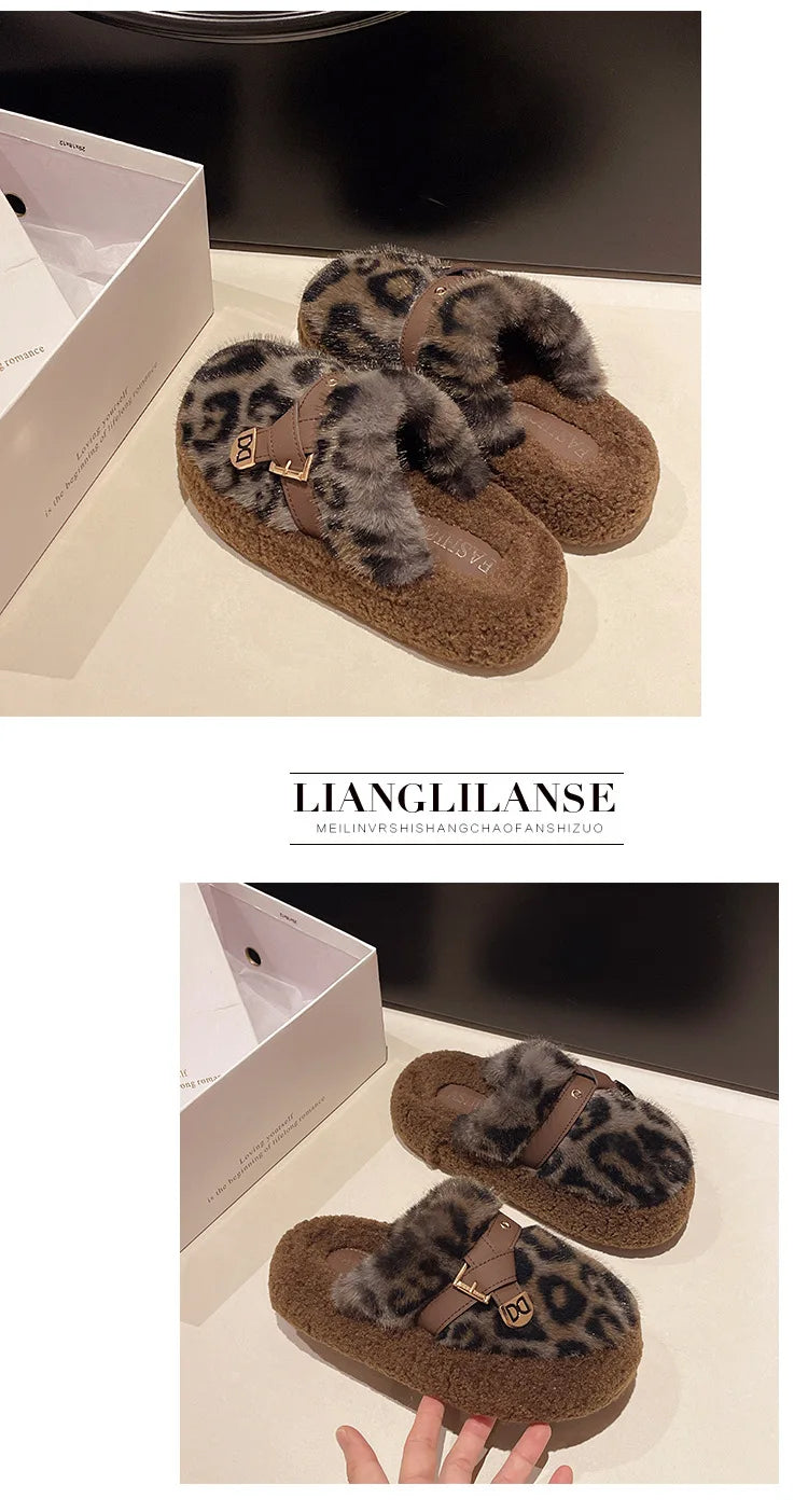 Fashion leopard Fur Slippers For Women 2024 Winter Indoor and outdoor Fluffy slippers Belt buckle Design Women's Home Shoes