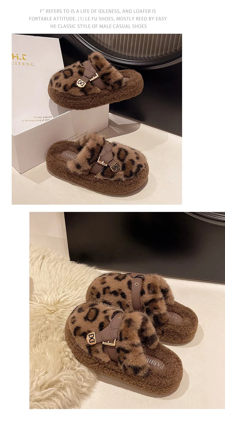Fashion leopard Fur Slippers For Women 2024 Winter Indoor and outdoor Fluffy slippers Belt buckle Design Women's Home Shoes