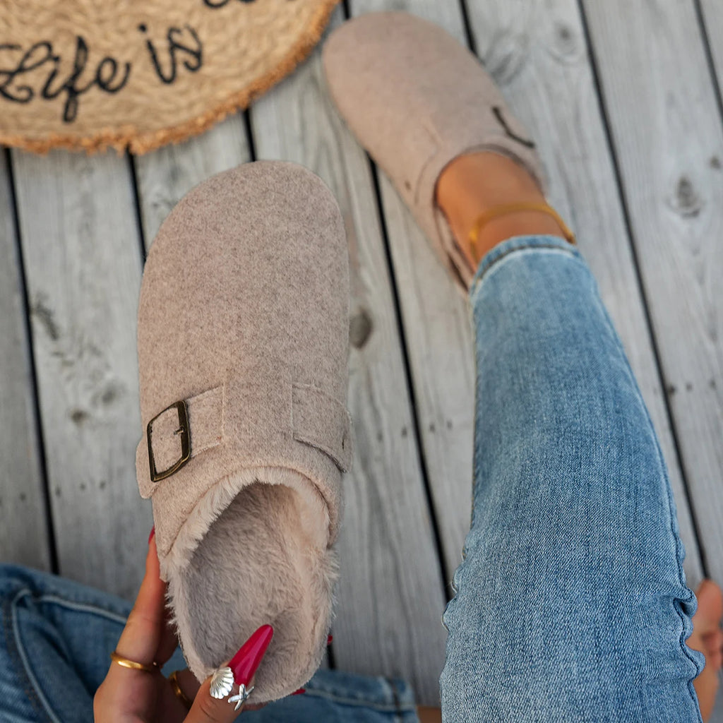 Women's Winter Casual Soft Comfortable Warm Anti-Slip Slip-On Plush Slippers Covered Toe Home Slippers