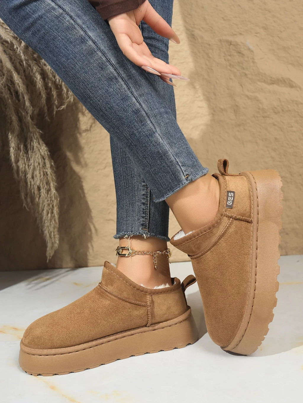Snow Boots for Women 2026 Winter New Cashmere Warm Thick Soles Without Heel-covered Hair Half Slipper Cotton Shoes for Women