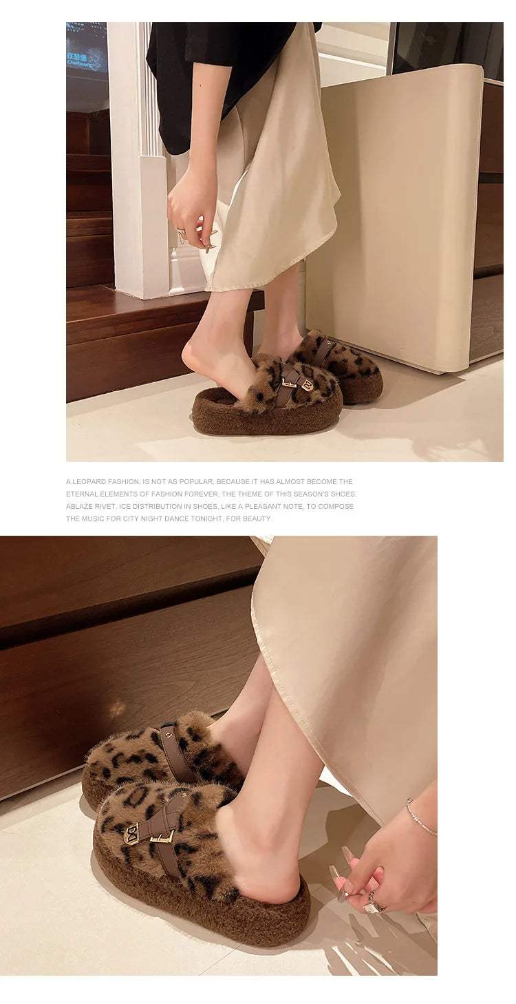 Fashion leopard Fur Slippers For Women 2024 Winter Indoor and outdoor Fluffy slippers Belt buckle Design Women's Home Shoes