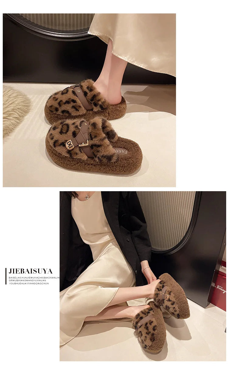 Fashion leopard Fur Slippers For Women 2024 Winter Indoor and outdoor Fluffy slippers Belt buckle Design Women's Home Shoes