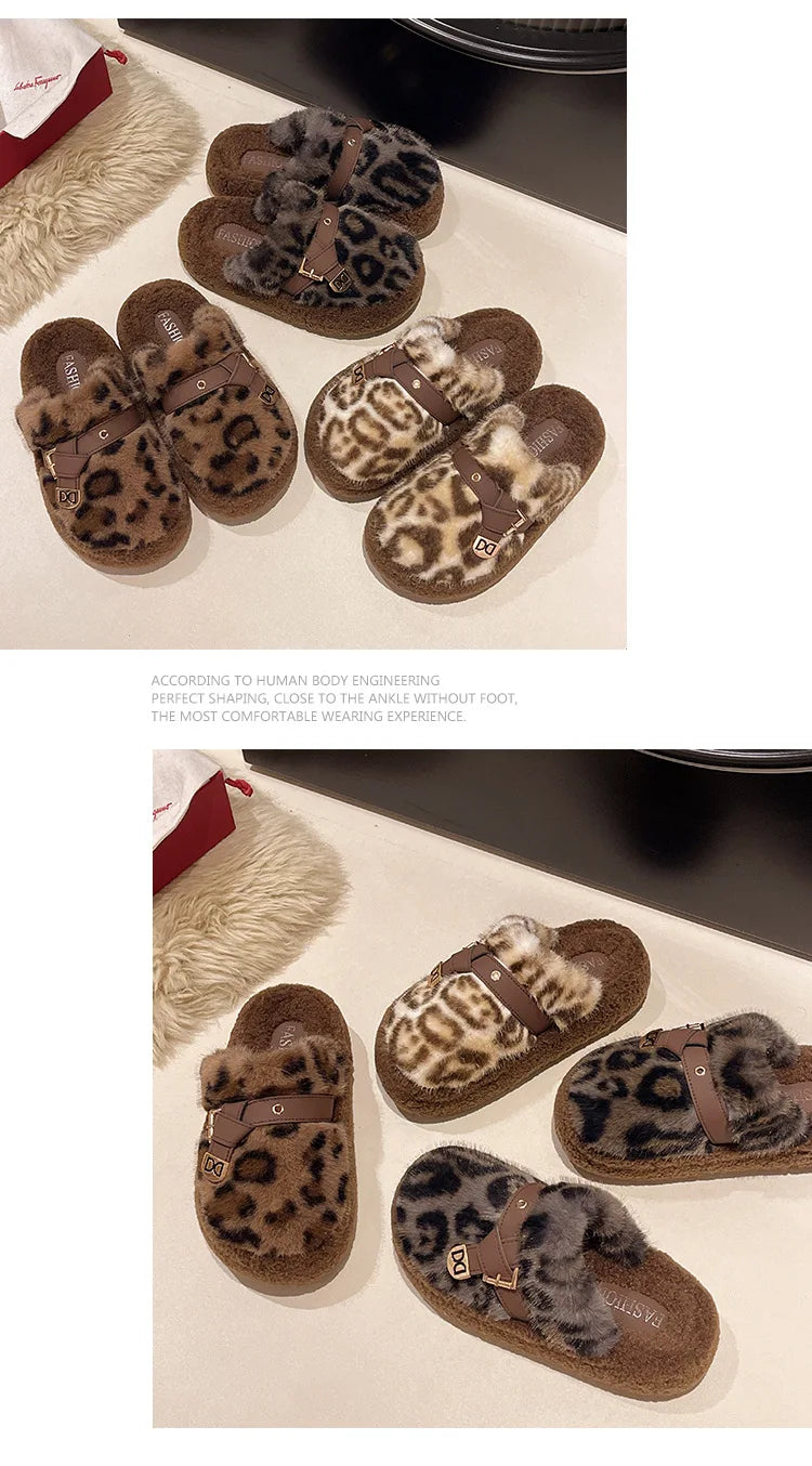 Fashion leopard Fur Slippers For Women 2024 Winter Indoor and outdoor Fluffy slippers Belt buckle Design Women's Home Shoes